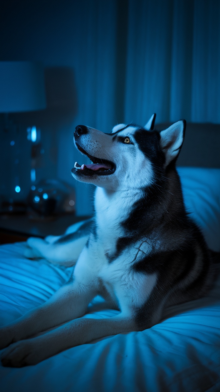A Siberian Husky sitting on a bed, looking alert and playful in dim blue lighting.