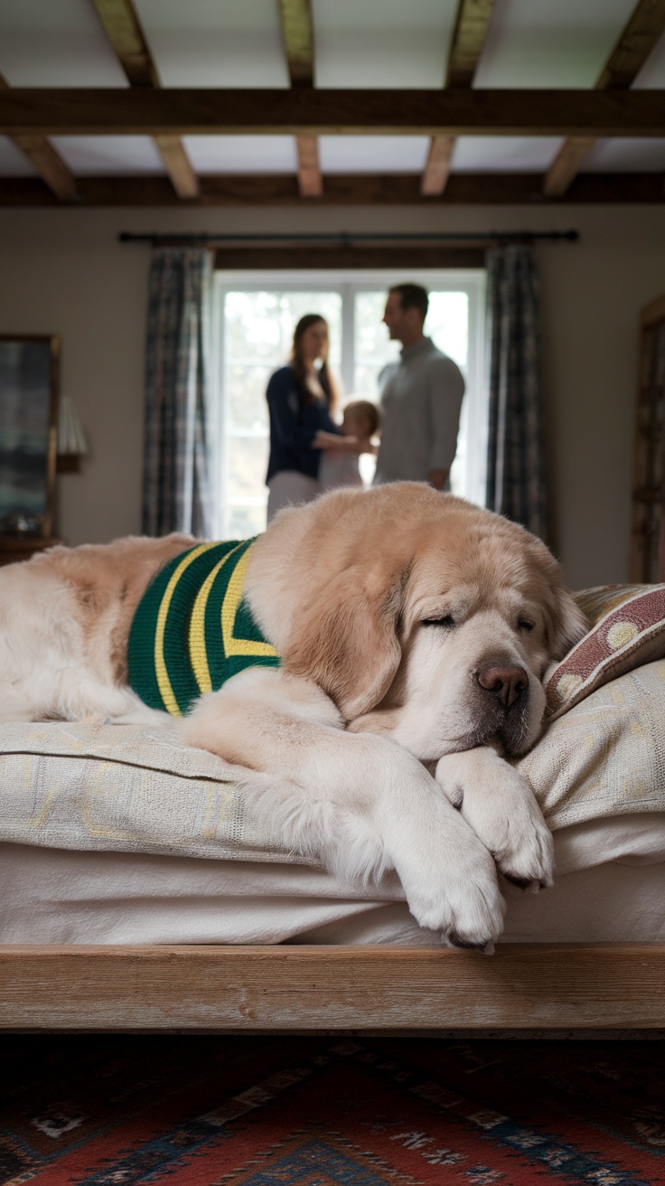 A Newfoundland dog sleeping peacefully on a bed.