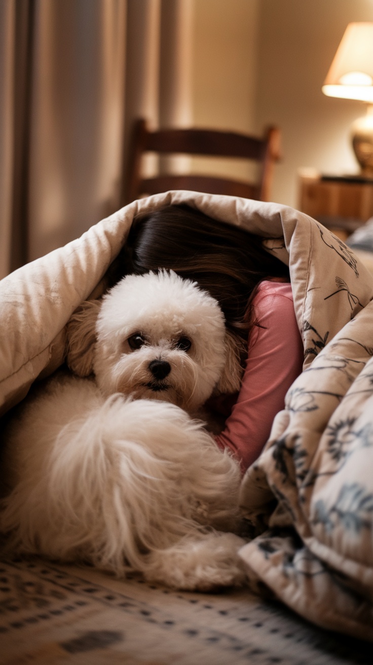A Bichon Frise cuddling with a person under a blanket.