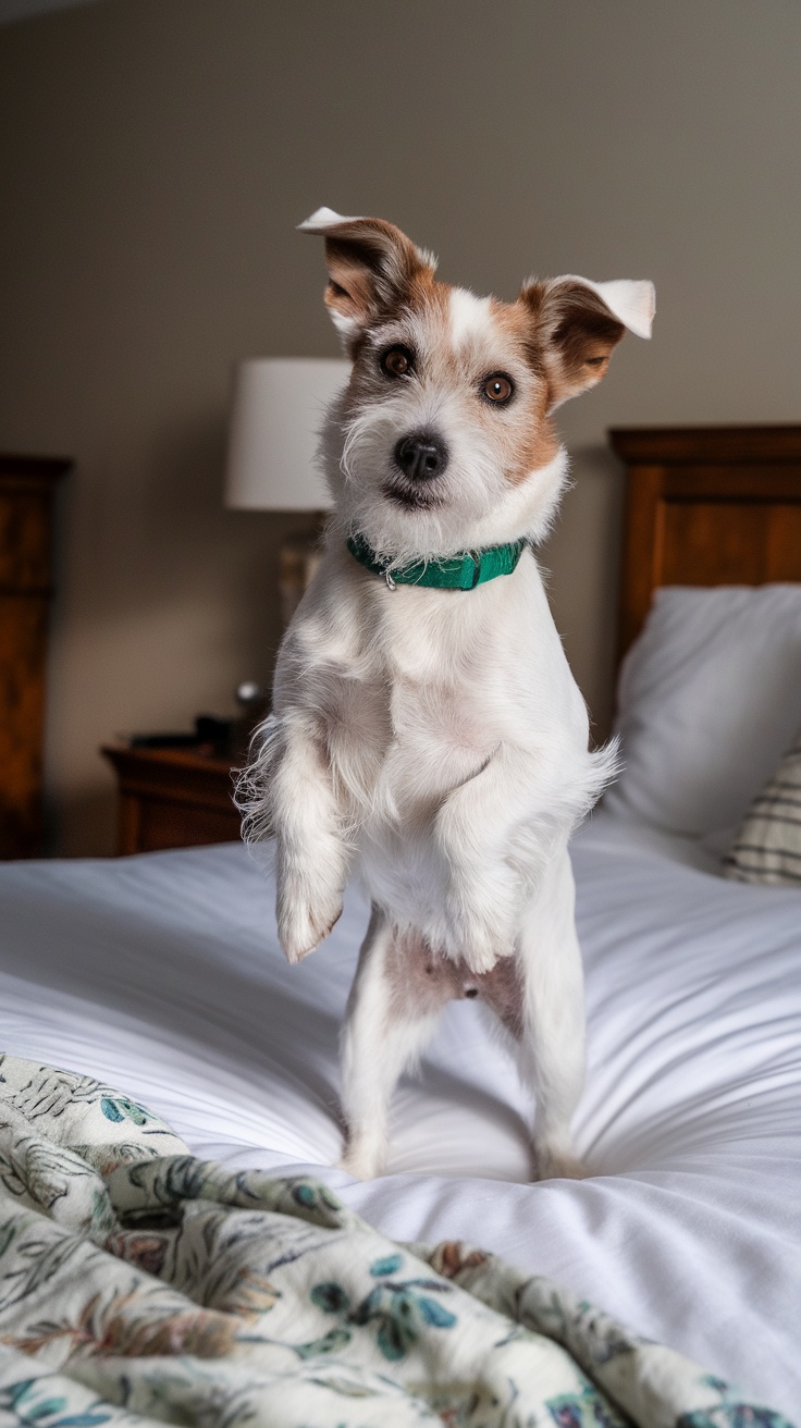 A Jack Russell Terrier standing on a bed, looking curious and energetic.
