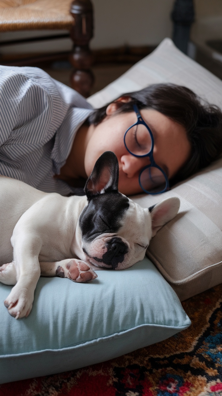 A person sleeping with a French Bulldog on a pillow, creating a cozy and calm atmosphere.