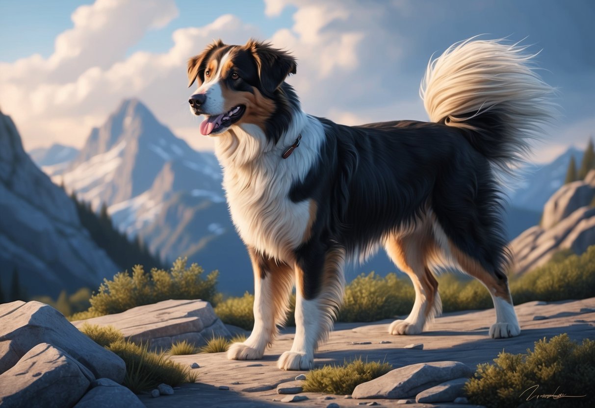 A proud and alert Aidi dog stands in a rocky, mountainous landscape, its long, shaggy coat blowing in the wind as it surveys its surroundings