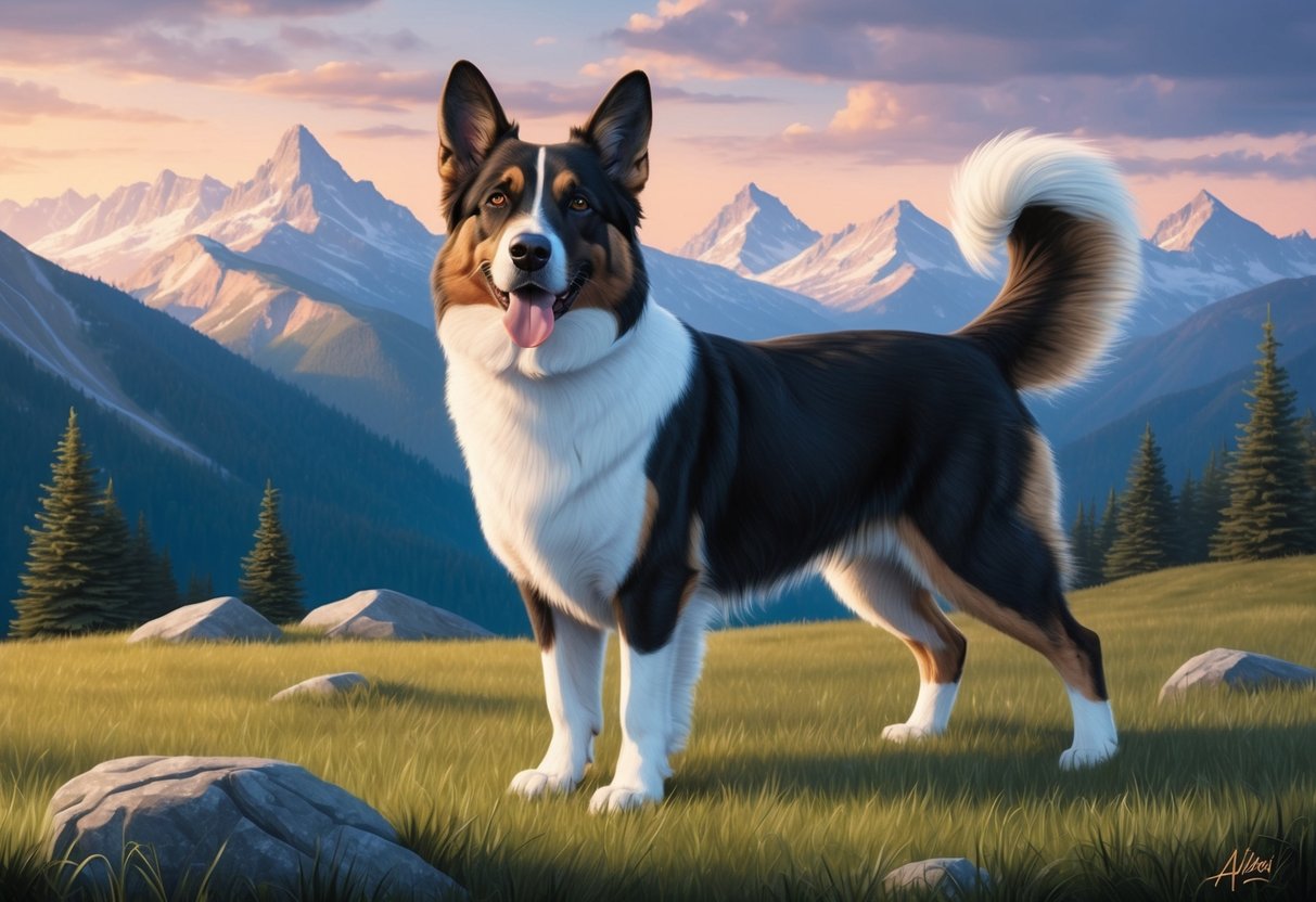 A proud Aidi stands alert in a mountainous landscape, ears perked and tail held high, showcasing its purebred temperament