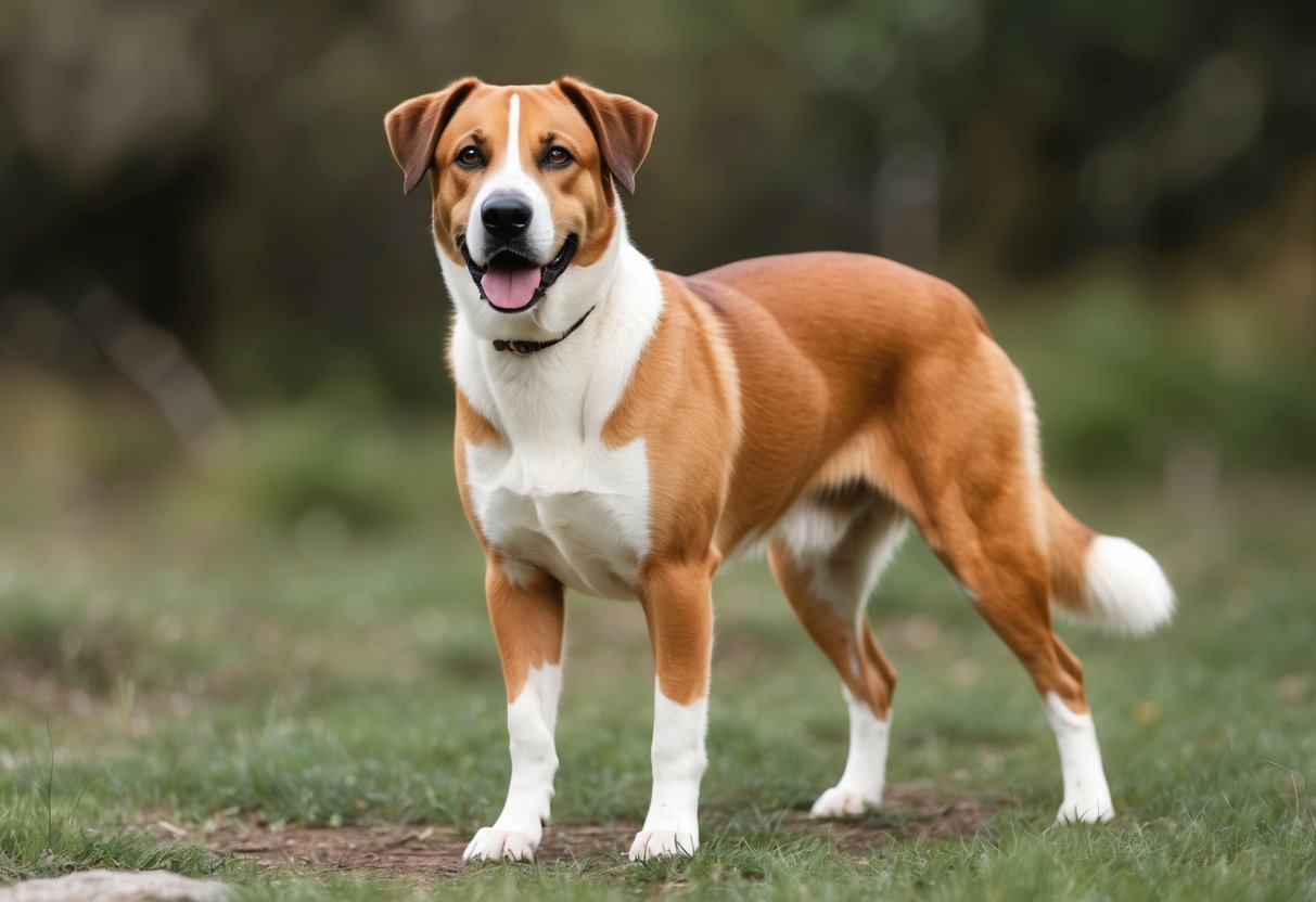 A healthy Aidi dog standing in a natural, outdoor environment, with a focus on its physical features and alert expression