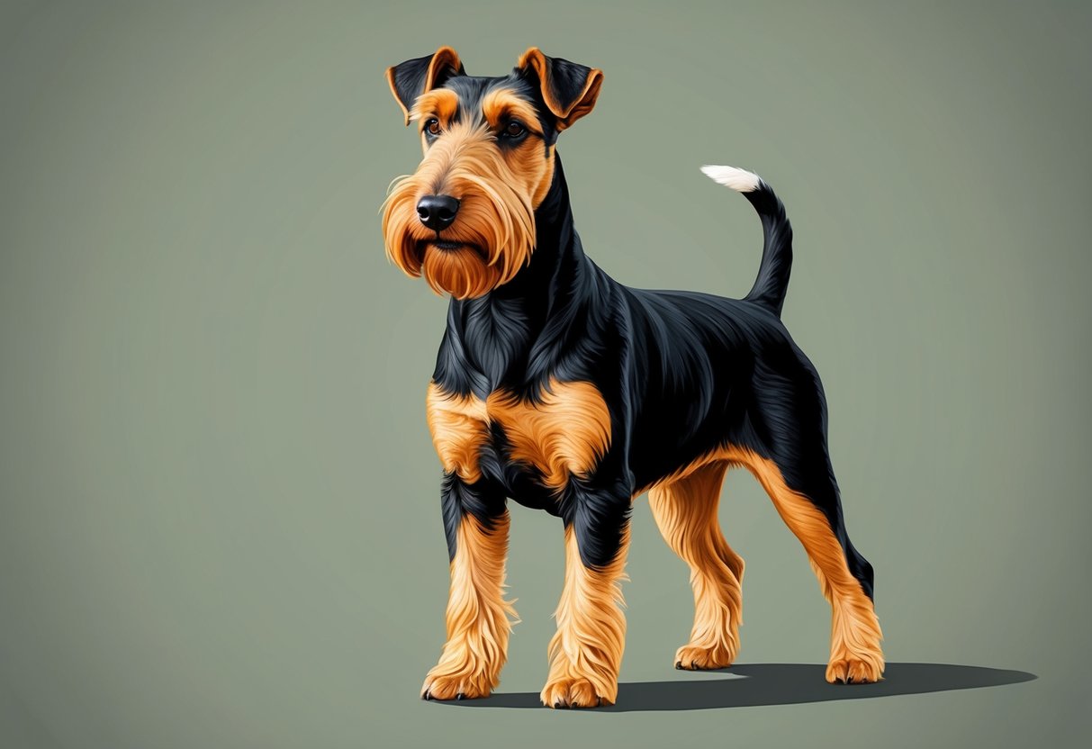 A proud Airedale Terrier stands tall, with a wiry coat, strong build, and distinctive black and tan markings