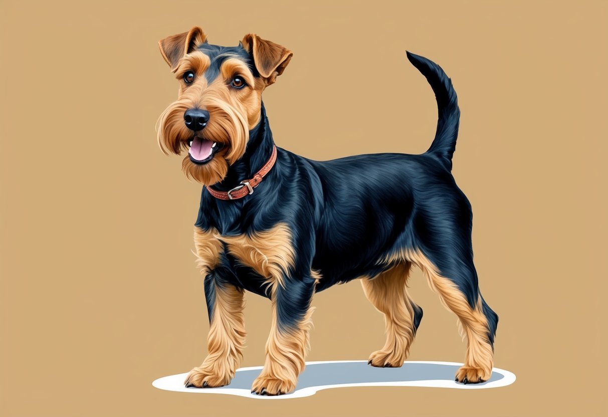 An Airedale Terrier standing confidently with a playful expression, tail wagging and ears perked up, showcasing its friendly and alert temperament