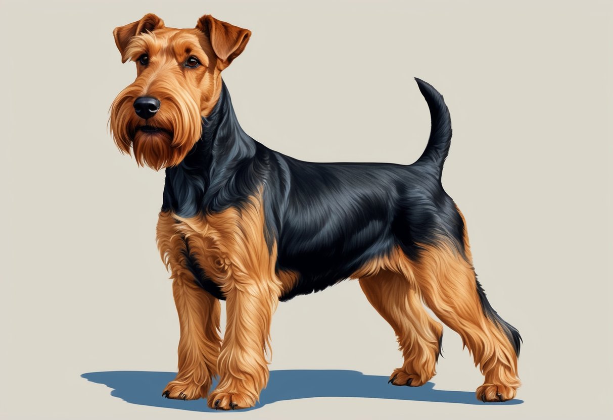 A proud Airedale Terrier stands tall, showcasing its purebred standards with a confident stance and alert expression