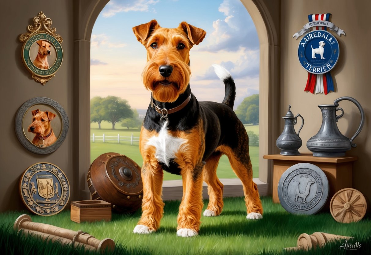 An Airedale Terrier standing proudly in a historical setting, surrounded by artifacts and symbols of its purebred lineage