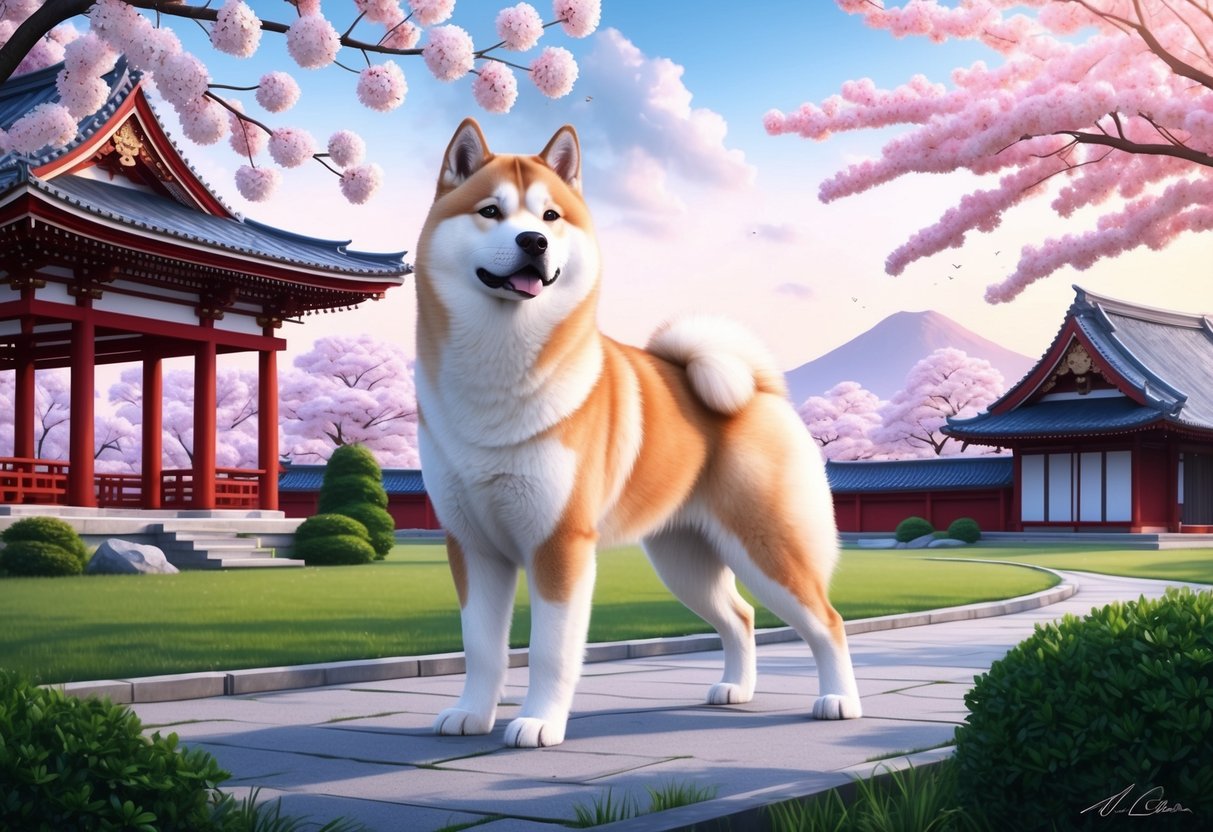 A majestic Akita Inu stands proudly in a serene Japanese garden, surrounded by cherry blossoms and traditional architecture