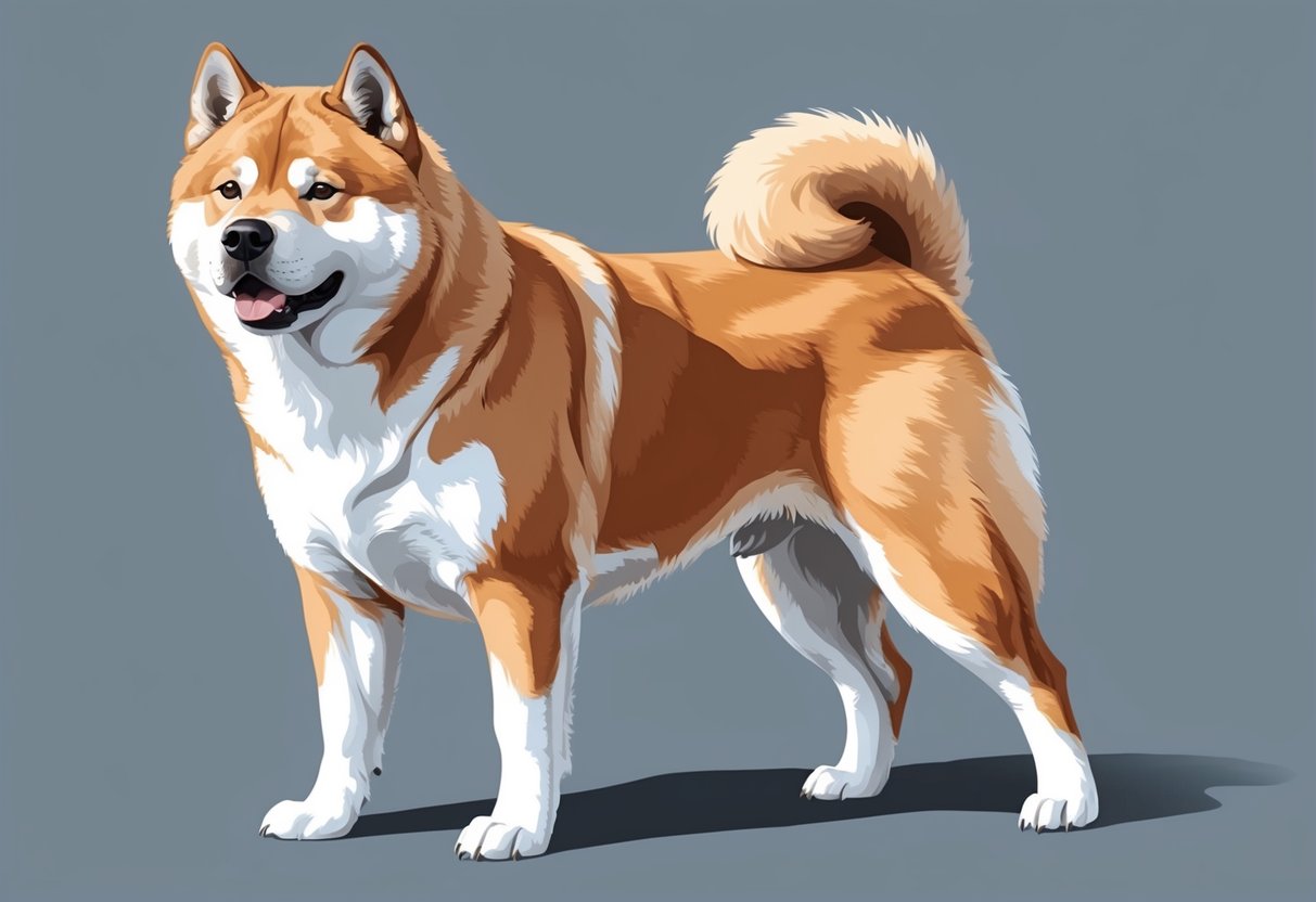 A proud Akita Inu stands tall, with a broad head, small erect ears, and a thick, curled tail. Its powerful, muscular body exudes strength and confidence