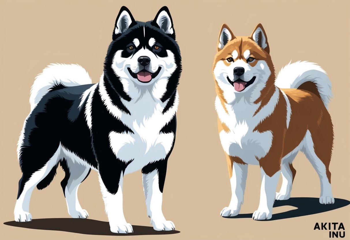A majestic Akita Inu stands proudly, with a thick coat and a confident expression, showcasing the breed's standard characteristics