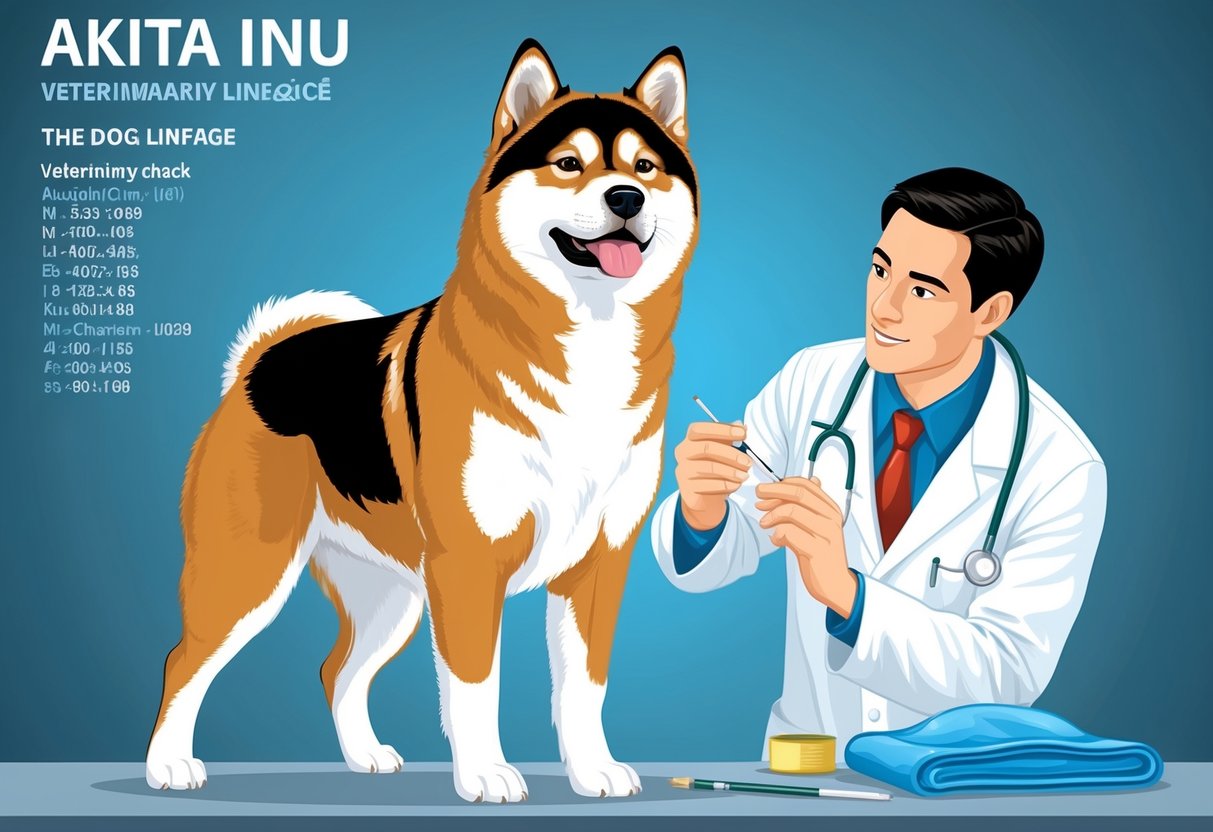 An Akita Inu stands proudly, with a shiny coat and alert expression. A veterinarian checks its health, while the dog's lineage is displayed in the background