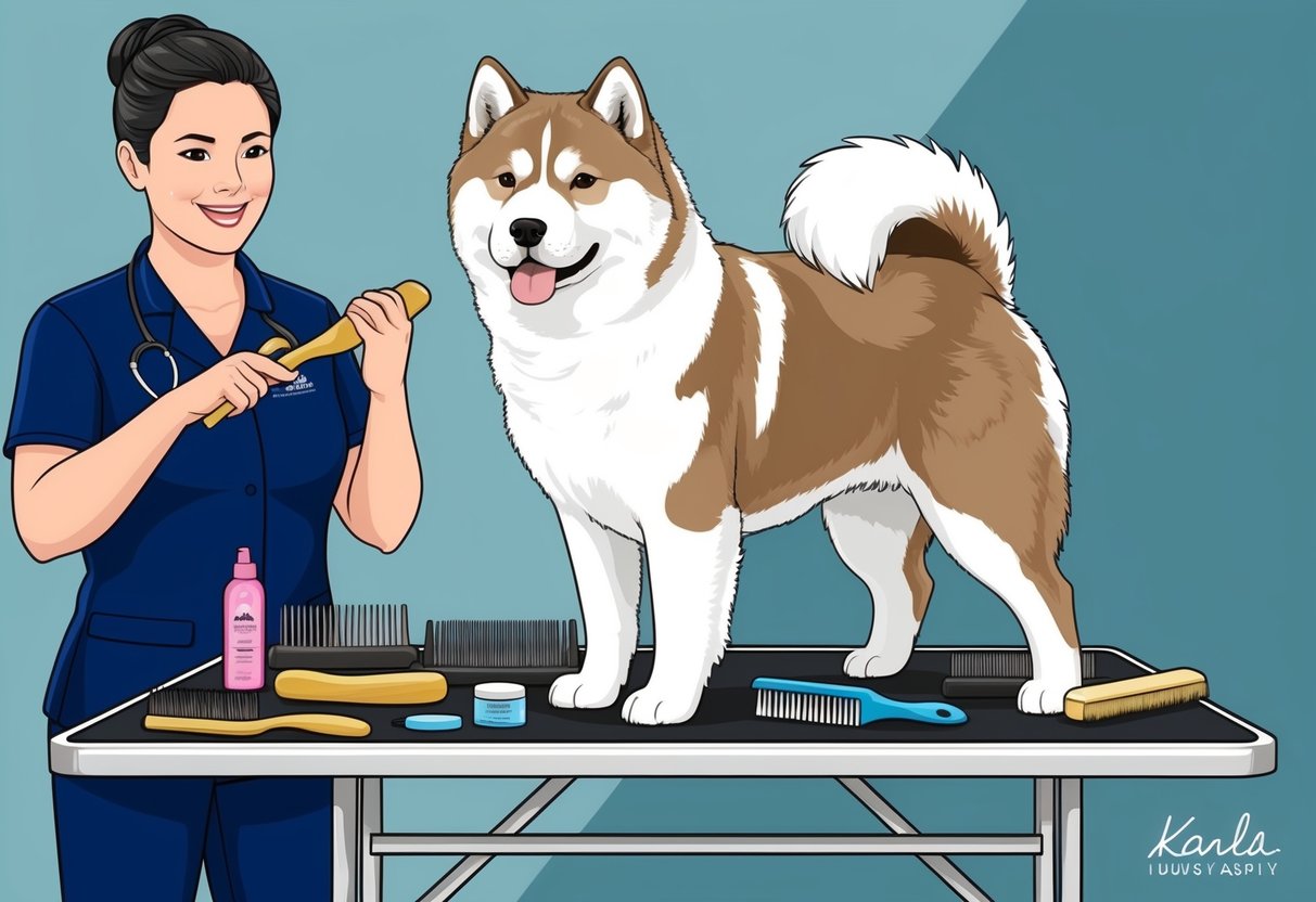 An Akita Inu standing on a grooming table, surrounded by brushes, combs, and grooming products. Its thick double coat is being carefully brushed and groomed by a handler