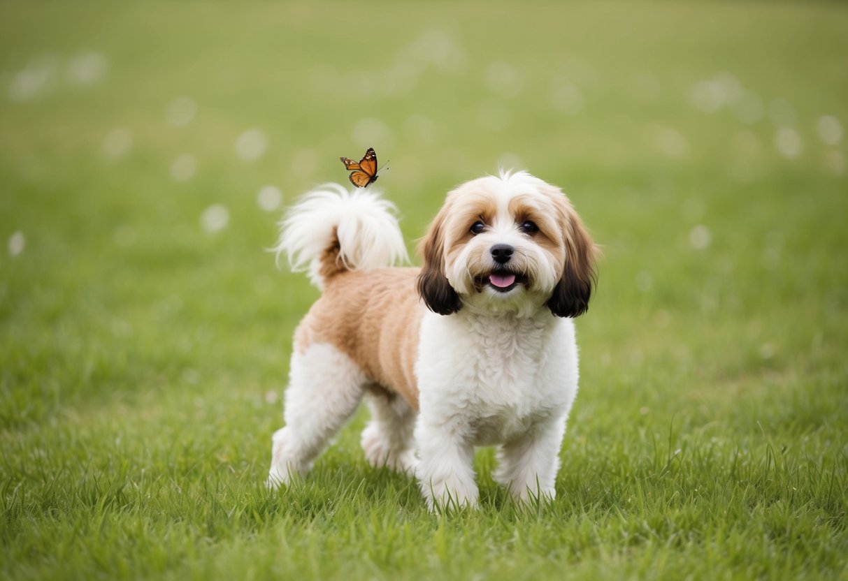 A full-grown Maltipoo stands playfully in a grassy field, with a small butterfly hovering near its nose. The dog's fluffy coat and friendly expression convey its small to medium size