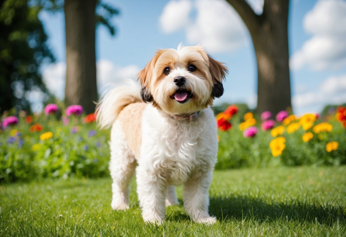 A full-grown Maltipoo stands on a grassy field, surrounded by colorful flowers and tall trees. The dog's fluffy coat glistens in the sunlight as it looks up at the sky with a playful expression