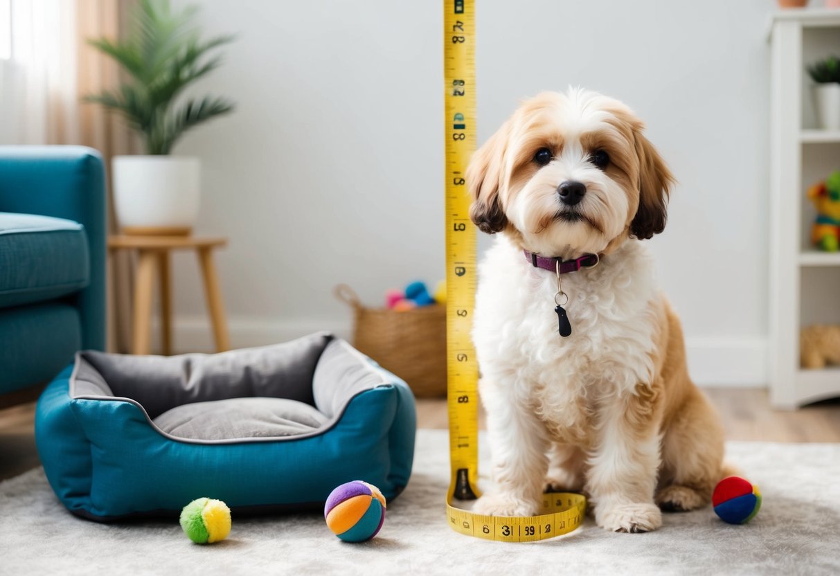 A fluffy Maltipoo stands next to a measuring tape, showing its full-grown size. The dog is surrounded by toys and a dog bed
