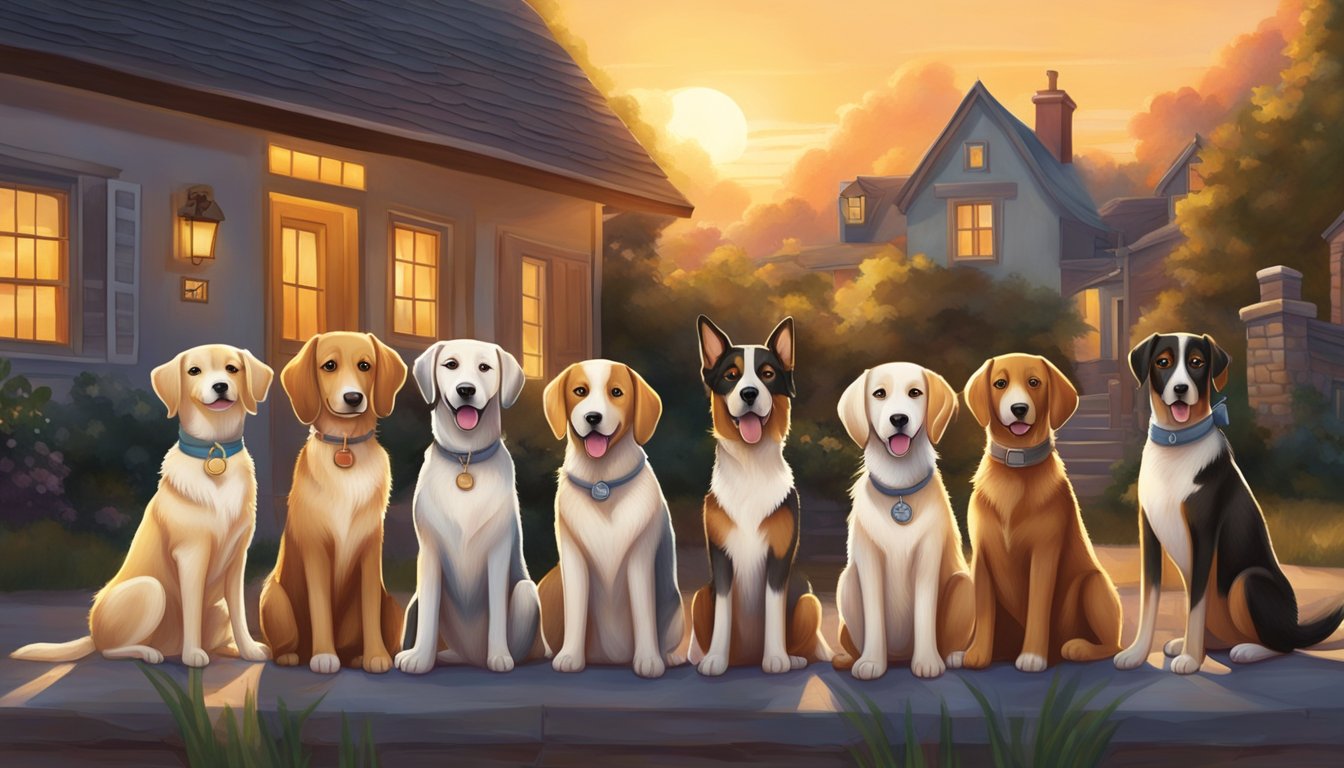 A group of dogs gather in a cozy village, each with a unique name tag. The sun sets behind the quaint homes, casting a warm glow over the scene