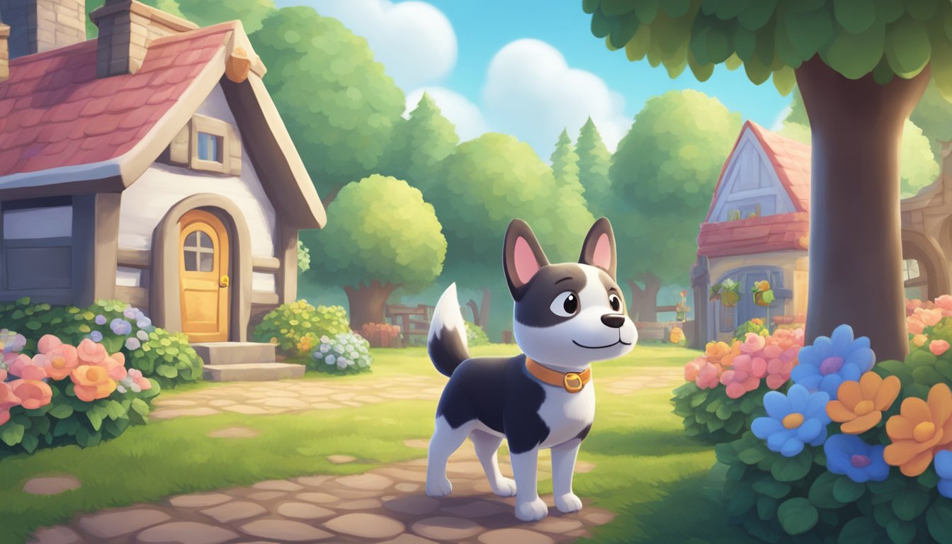 A female dog in a cozy Animal Crossing village, surrounded by trees and flowers, with a friendly expression on her face
