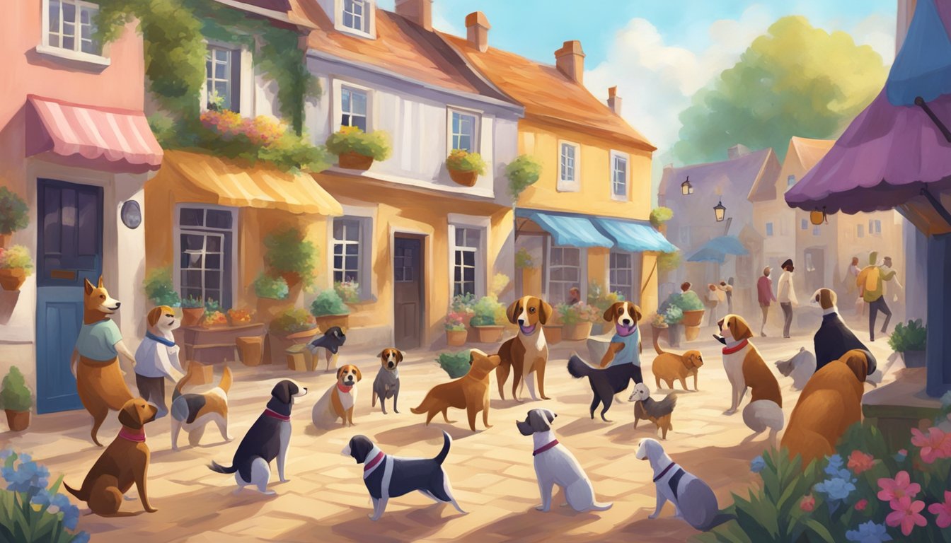 A group of dogs playing in a colorful, bustling village square. Some are wearing cute outfits and chatting with other animal villagers