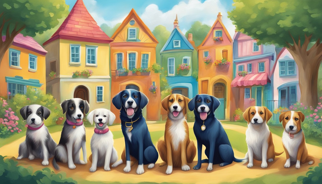 A group of dogs with unique personalities gather in a vibrant, whimsical village setting