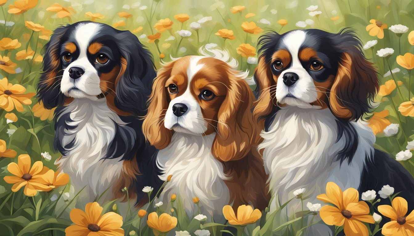 A group of adorable Cavalier King Charles spaniels playing in a lush, flower-filled meadow