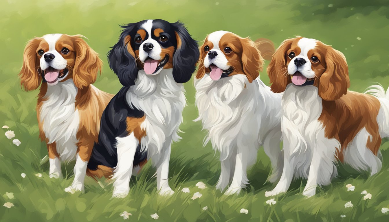 A group of Cavalier King Charles Spaniels playing in a park