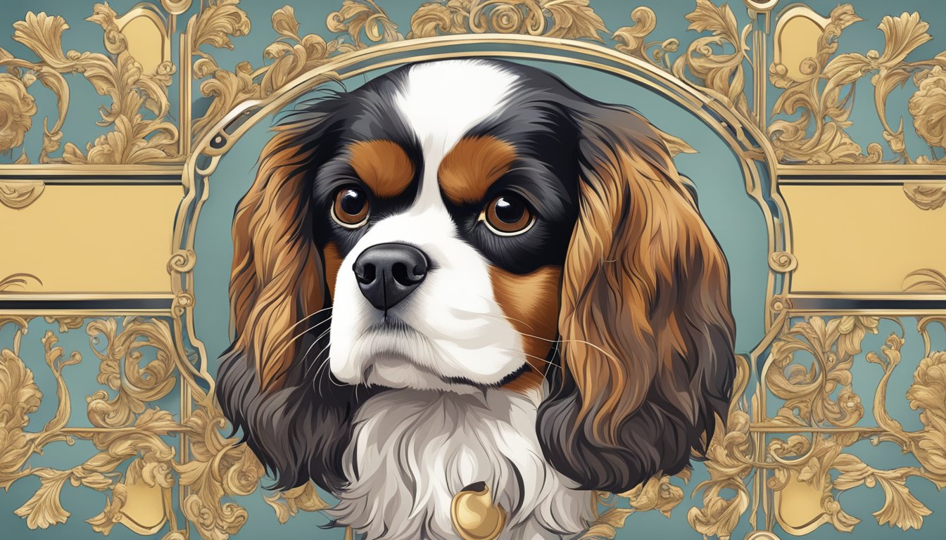 A regal Cavalier King Charles surrounded by ornate name tags