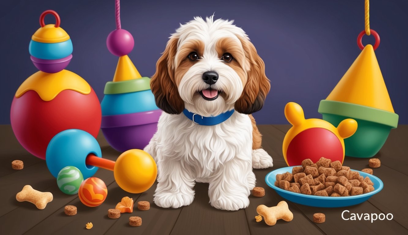 A cavapoo surrounded by playful toys and treats