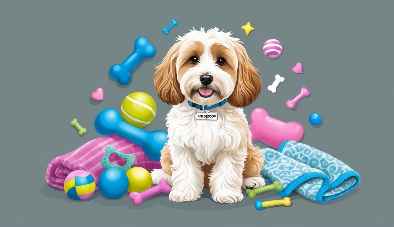 A fluffy Cavapoo surrounded by various gender-neutral objects, such as toys, bones, and blankets, with a name tag in the center