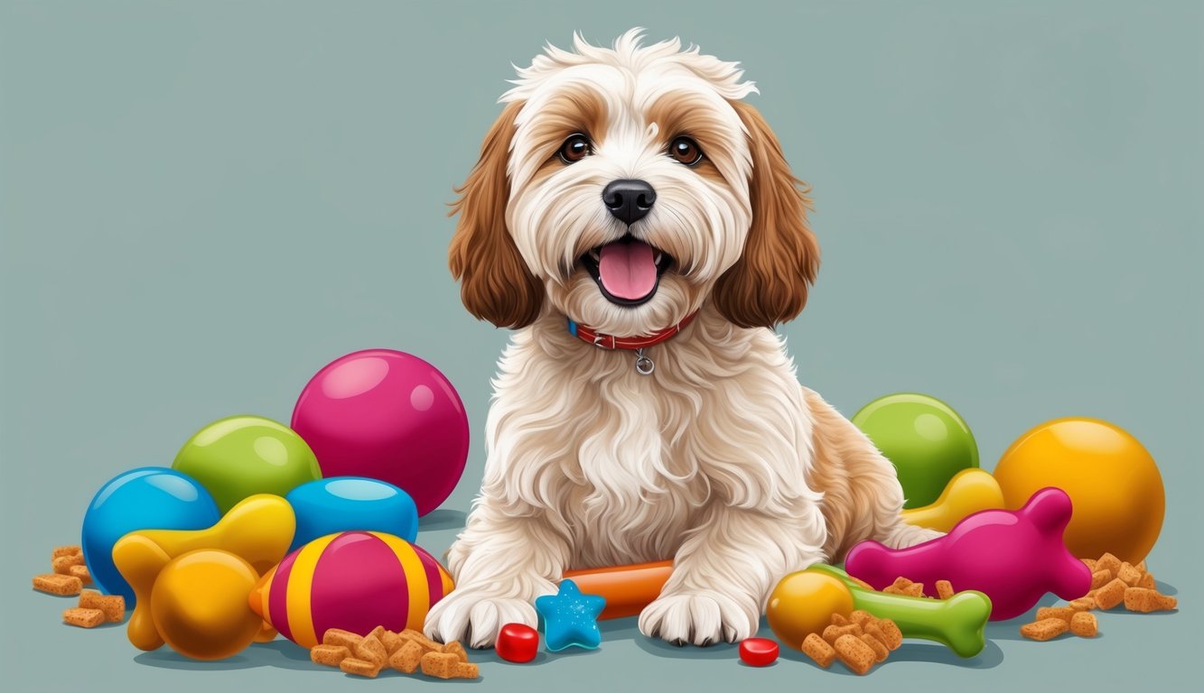 A playful Cavapoo surrounded by colorful toys and treats