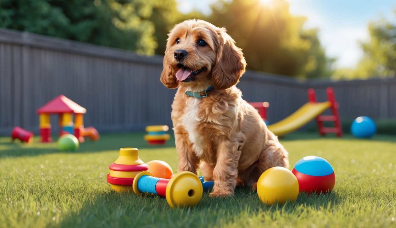 A playful cockapoo surrounded by toys in a sunny backyard