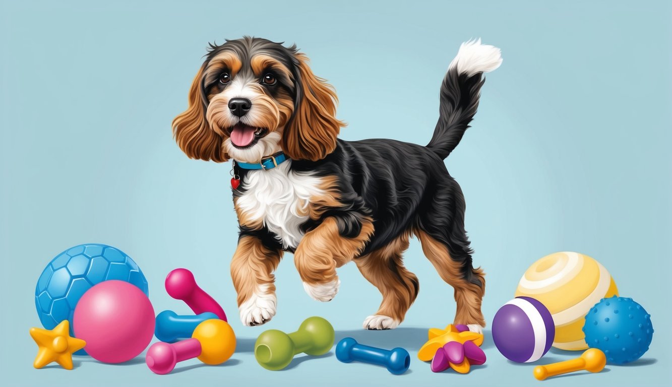 A playful Cockapoo with a wagging tail surrounded by various gender-neutral toys and accessories