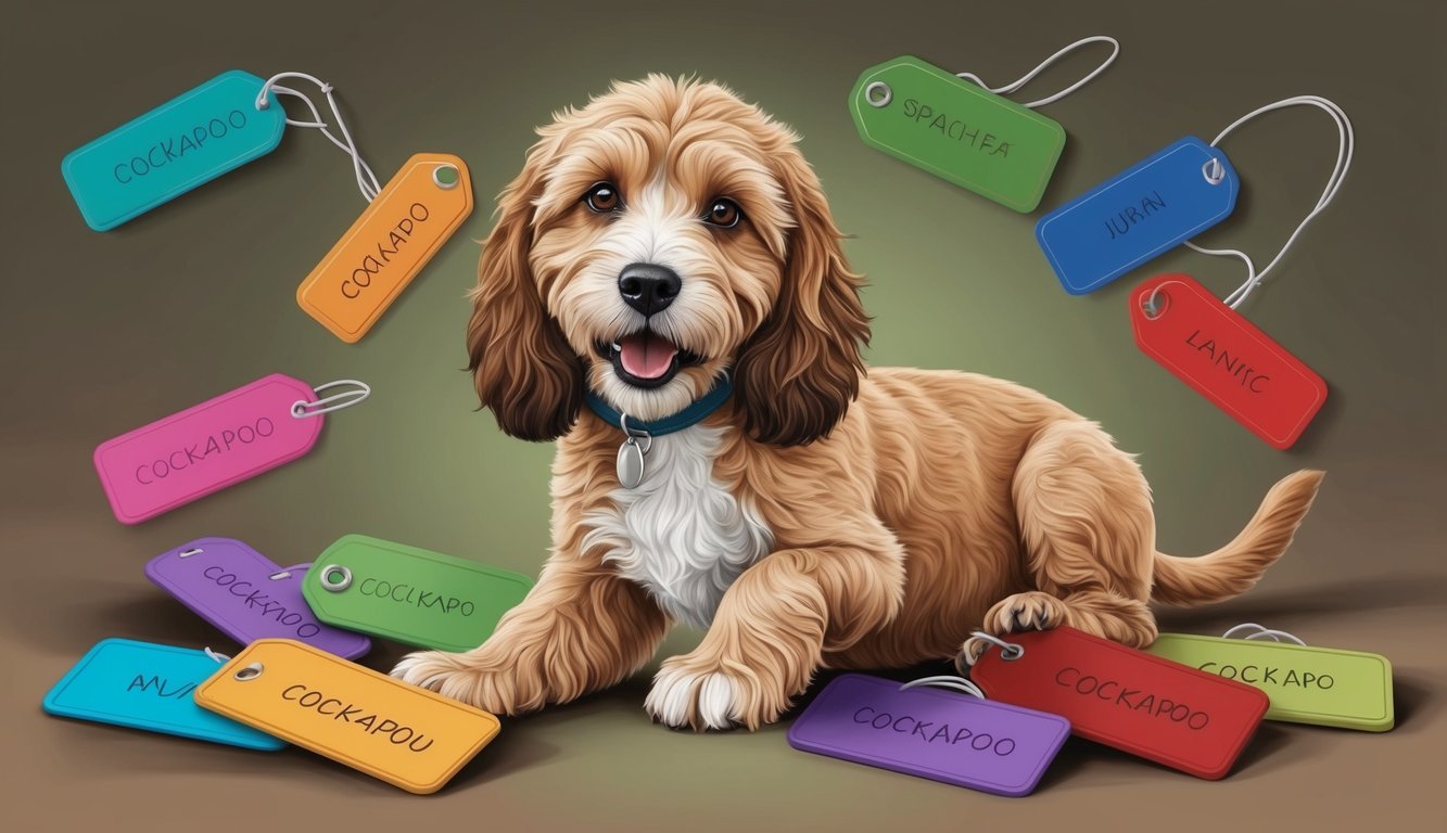A playful Cockapoo surrounded by colorful name tags