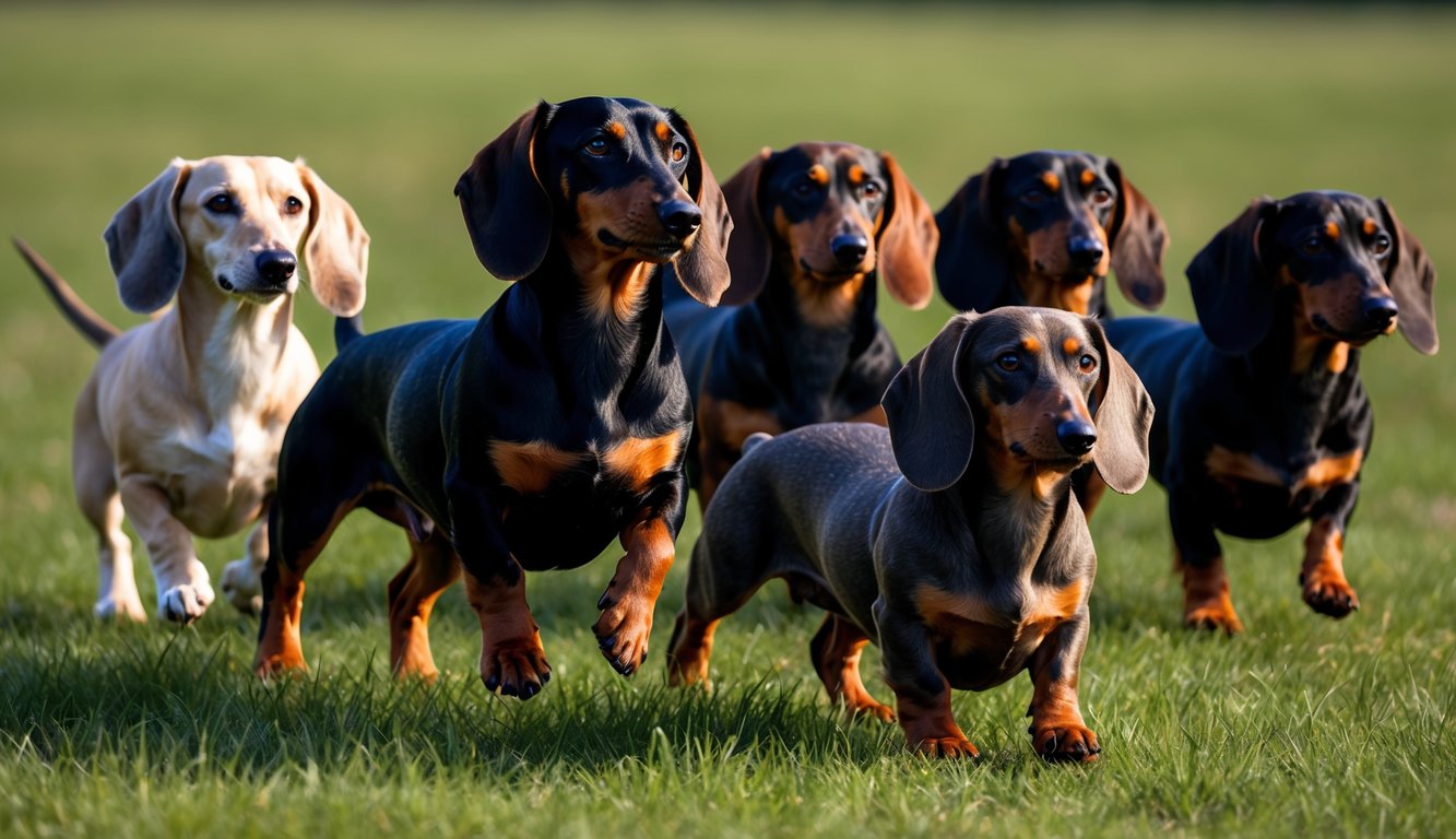 A group of dachshunds with various coat colors and patterns playing in a grassy field