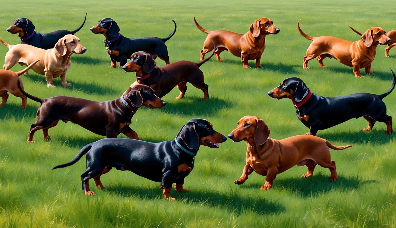 A group of dachshunds of various colors and sizes playing in a grassy field