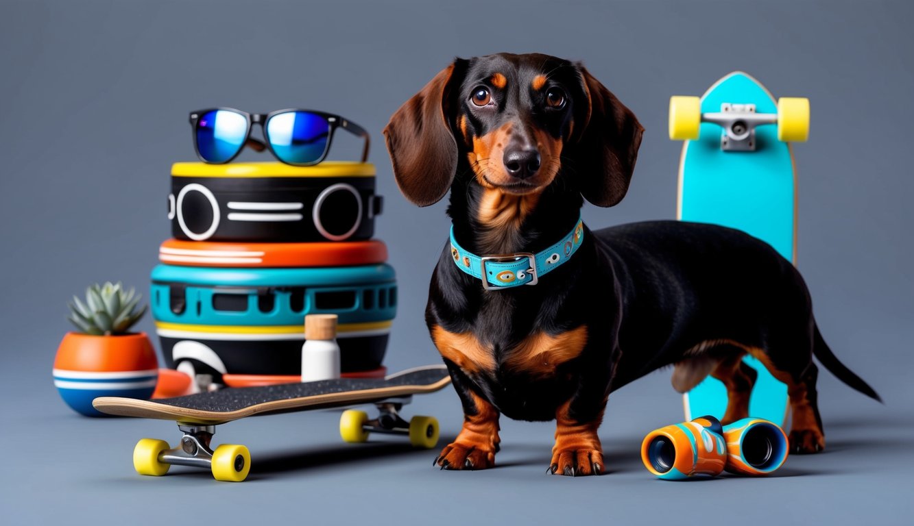 A dachshund surrounded by various objects related to cool themes, such as sunglasses, a skateboard, and a trendy collar