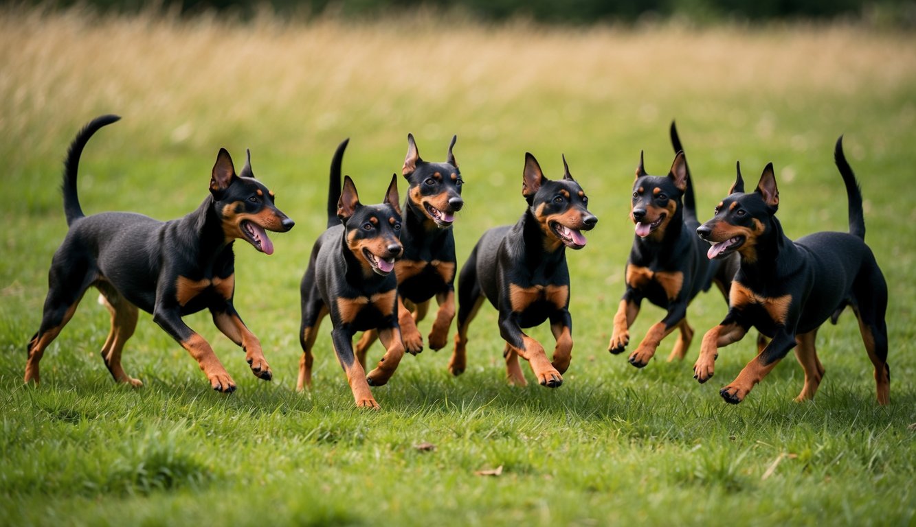 A group of 20 energetic male Affenpinschers playfully interact in a grassy field, their wiry fur bouncing as they frolic