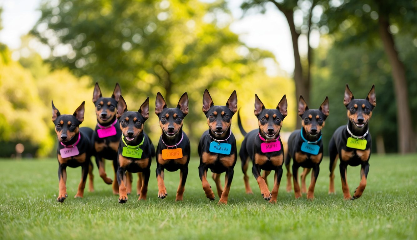A group of 20 lively Affenpinschers play in a park, their names written on colorful tags around their necks