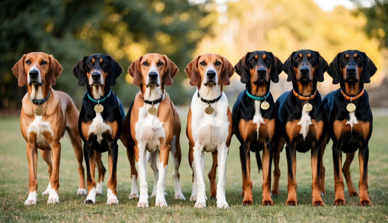A group of 20 majestic Afghan Hounds stand in a row, each with a unique name tag around their necks