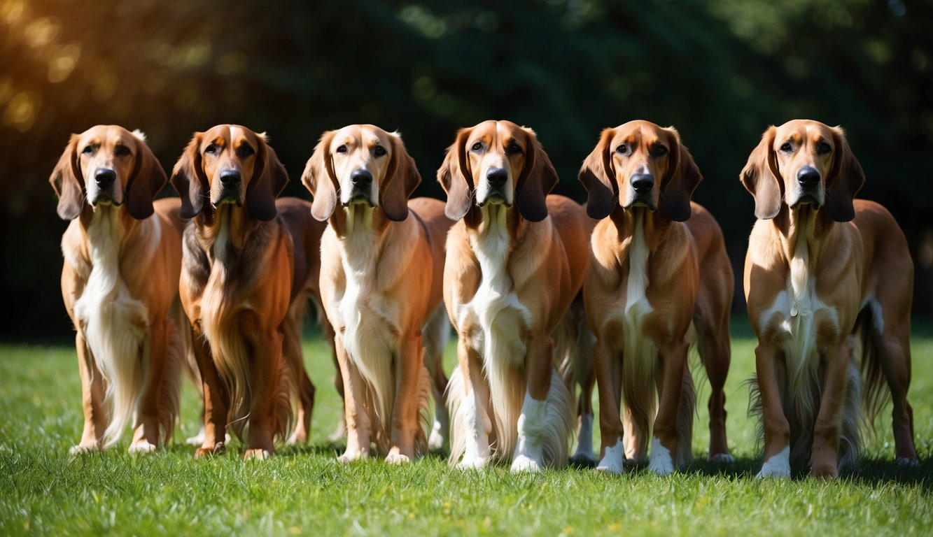 A group of elegant Afghan Hounds stand in a row, their long, flowing coats shimmering in the sunlight as they look regal and dignified