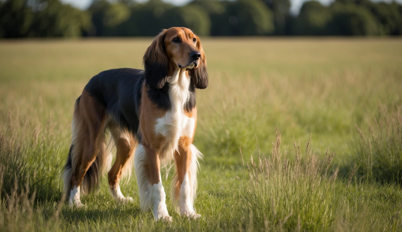 An Afghan Hound stands in a field of tall grass, its long, flowing coat catching the sunlight as it gazes off into the distance