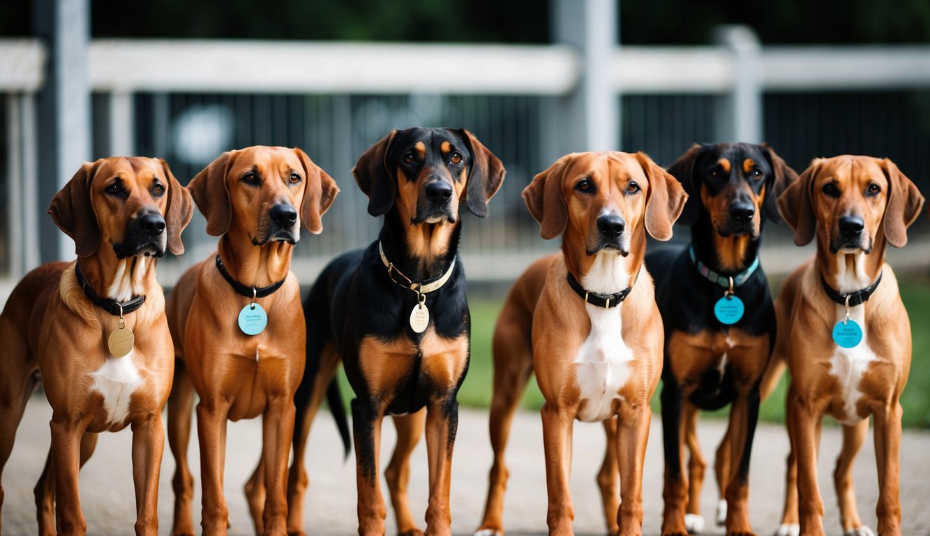 A group of Afghan Hounds standing in a row, each with a unique name tag around their necks