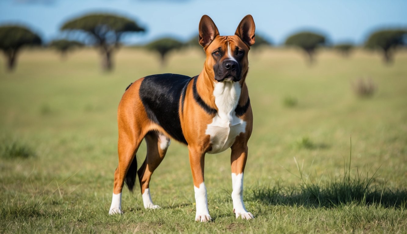 African Boerboel standing proudly on a grassy savanna, with a clear blue sky in the background
