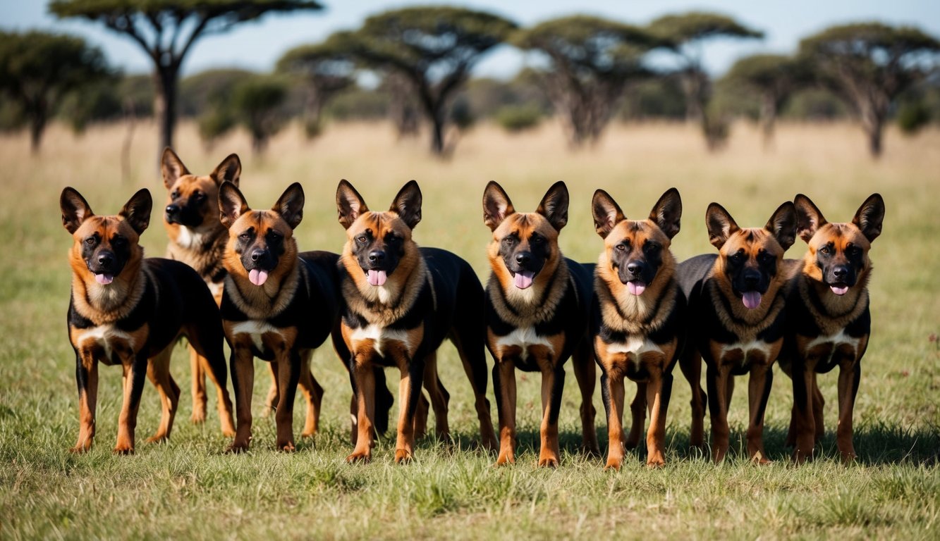 A pack of 20 female African Boerboels standing proudly in a grassy savanna, their powerful and muscular bodies exuding strength and confidence
