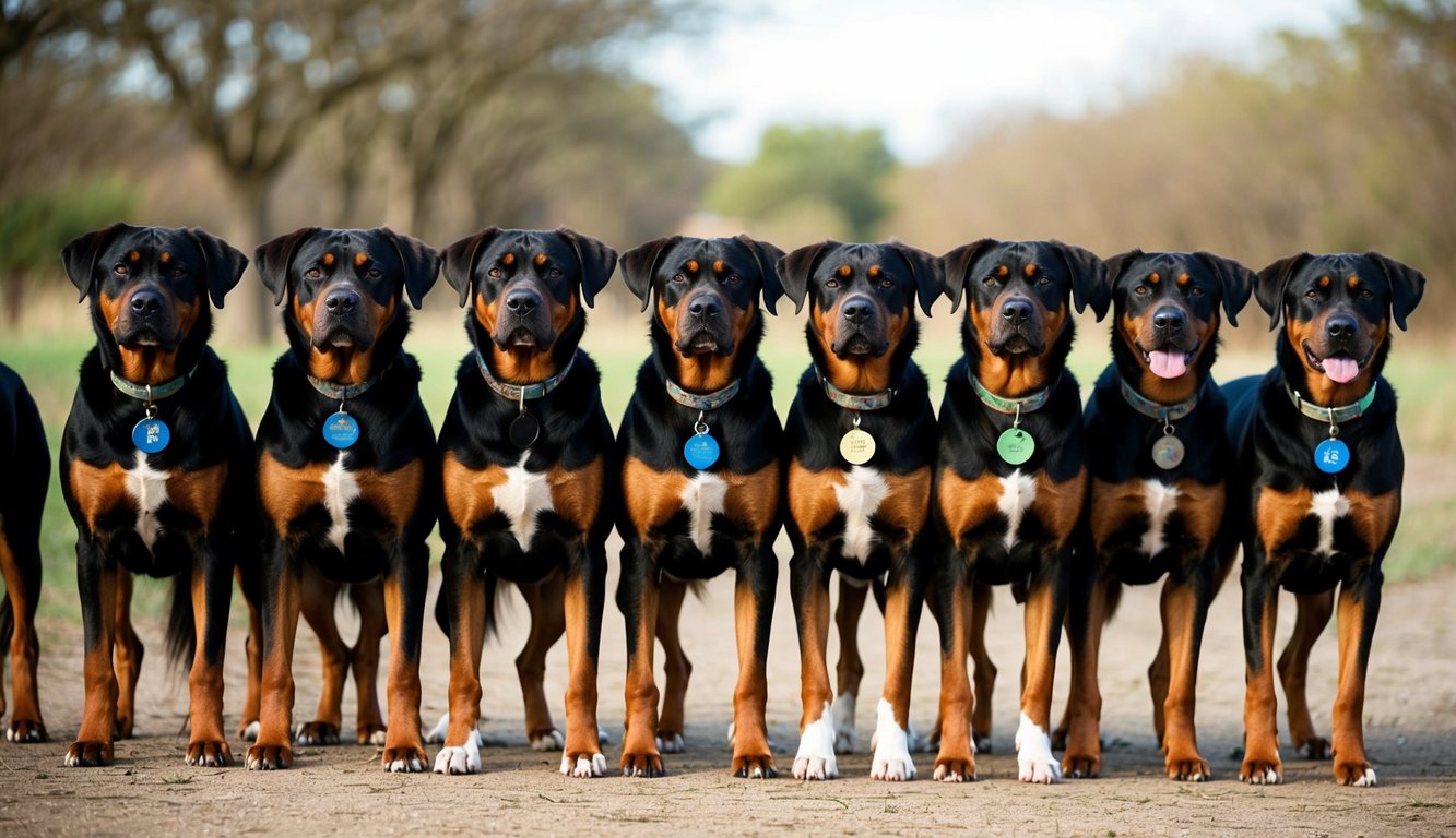A group of 20 African Boerboel dogs standing in a row, each with a unique name tag around their necks