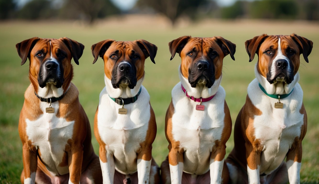 African Boerboel dogs standing in a row, each with a unique name tag around their necks