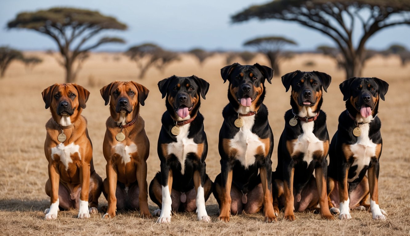 African Boerboel dogs in various poses, each with a unique name tag on their collar, set against a backdrop of the African savannah