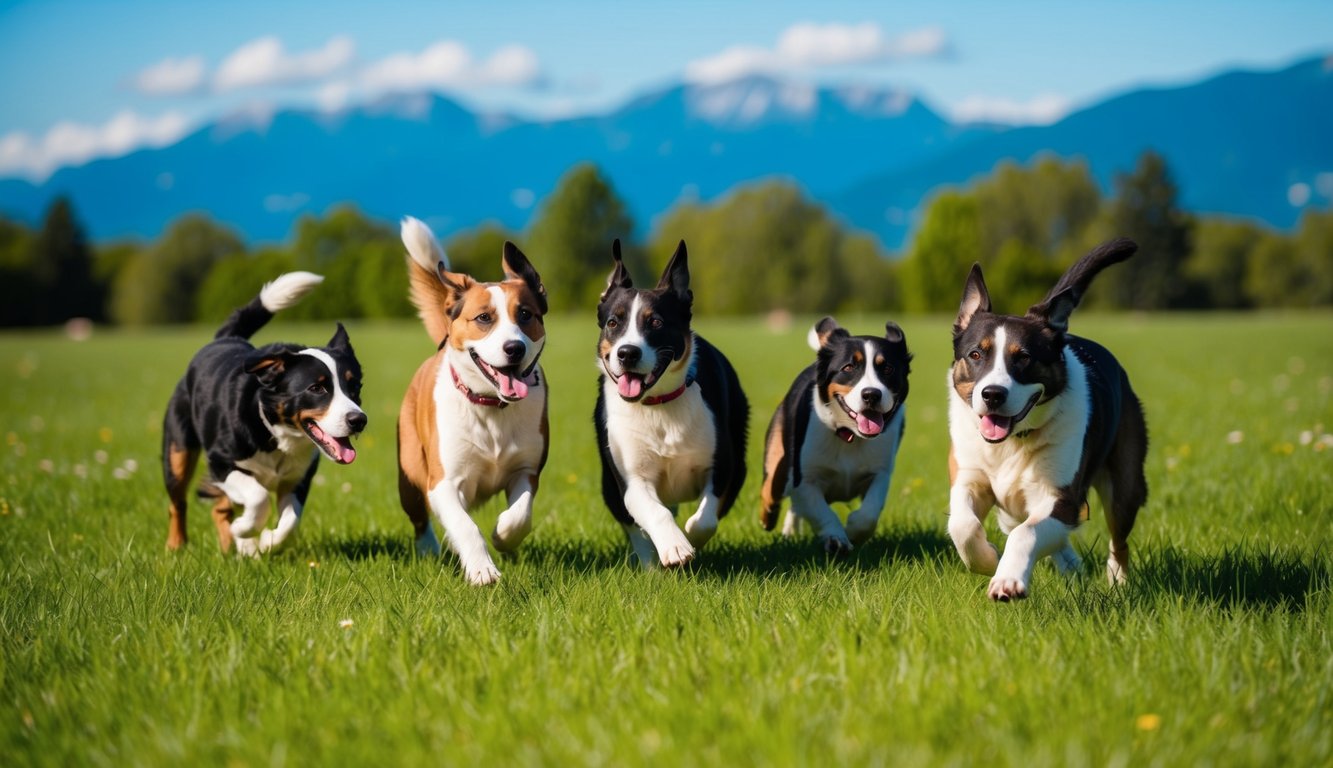 A group of Aidi dogs playing in a lush green meadow, with a clear blue sky and mountains in the background