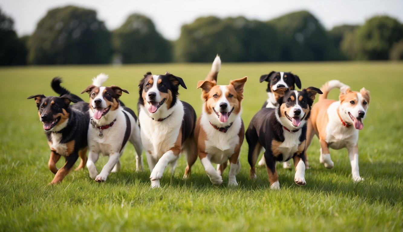 A group of 20 Aidi dogs of various ages and colors playing in a grassy field