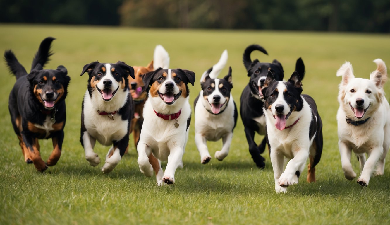 A group of 20 Aidi dogs of various colors and sizes playing in a grassy field